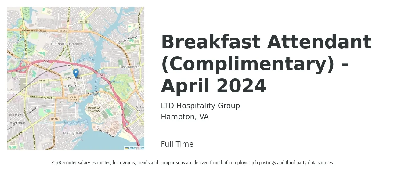 LTD Hospitality Group job posting for a Breakfast Attendant (Complimentary) - April 2024 in Hampton, VA with a salary of $11 to $14 Hourly with a map of Hampton location.