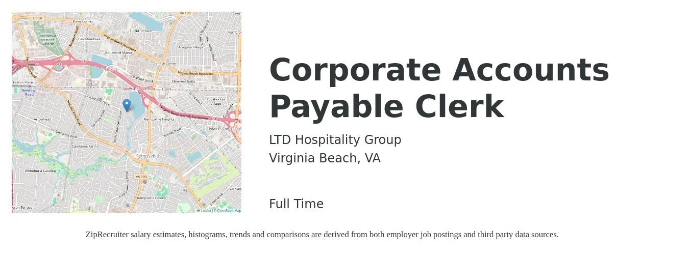 LTD Hospitality Group job posting for a Corporate Accounts Payable Clerk in Virginia Beach, VA with a salary of $17 to $22 Hourly with a map of Virginia Beach location.
