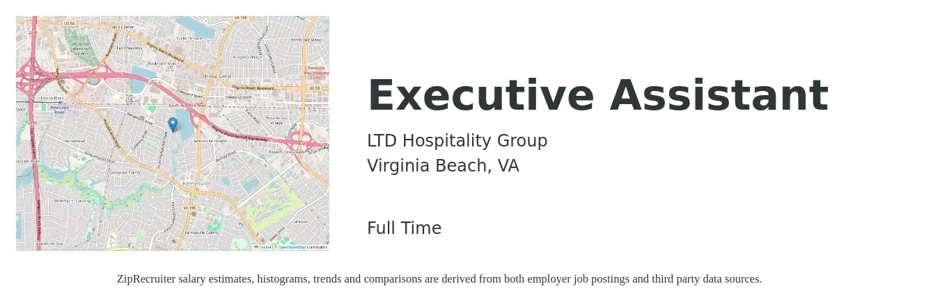 LTD Hospitality Group job posting for a Executive Assistant in Virginia Beach, VA with a salary of $44,400 to $66,700 Yearly with a map of Virginia Beach location.