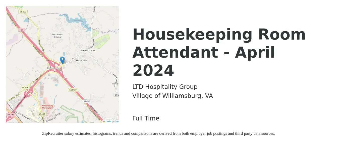 LTD Hospitality Group job posting for a Housekeeping Room Attendant - April 2024 in Village of Williamsburg, VA with a salary of $13 to $15 Hourly with a map of Village of Williamsburg location.