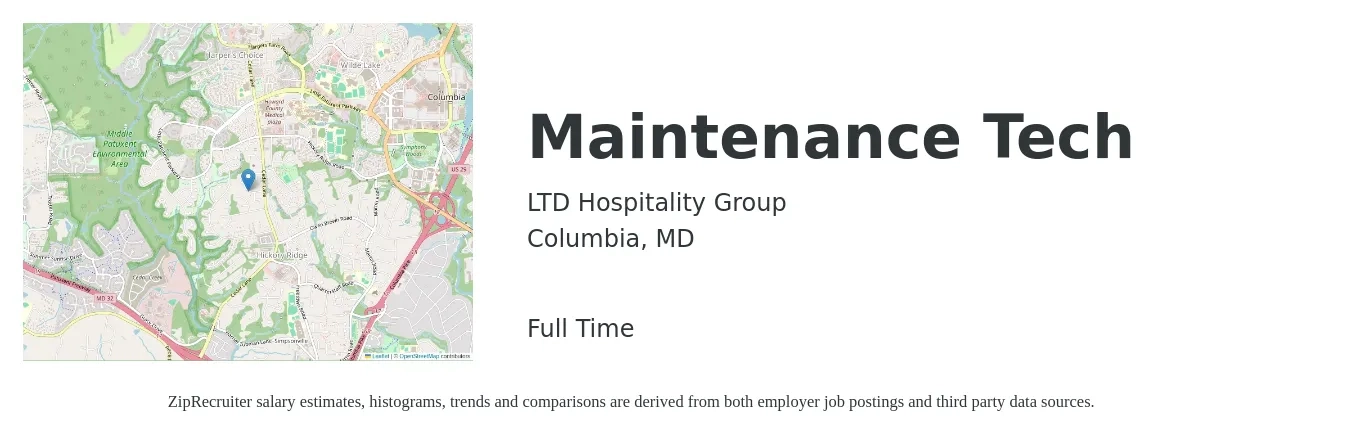 LTD Hospitality Group job posting for a Maintenance Tech in Columbia, MD with a salary of $19 to $27 Hourly with a map of Columbia location.