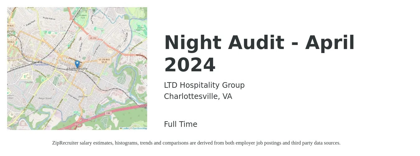 LTD Hospitality Group job posting for a Night Audit - April 2024 in Charlottesville, VA with a salary of $14 to $19 Hourly with a map of Charlottesville location.