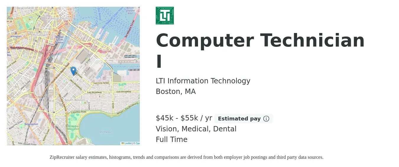 LTI Information Technology job posting for a Computer Technician I in Boston, MA with a salary of $45,000 to $55,000 Yearly and benefits including medical, pto, retirement, vision, dental, and life_insurance with a map of Boston location.