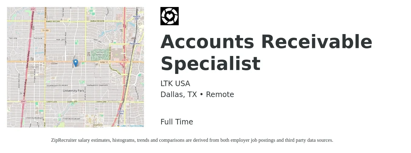 LTK USA job posting for a Accounts Receivable Specialist in Dallas, TX with a salary of $20 to $26 Hourly with a map of Dallas location.