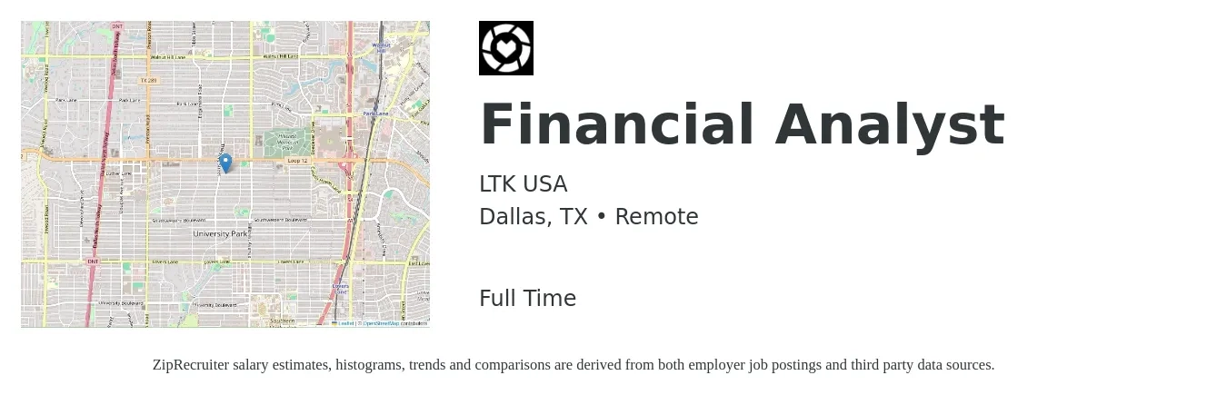 LTK USA job posting for a Financial Analyst in Dallas, TX with a salary of $69,200 to $109,300 Yearly with a map of Dallas location.