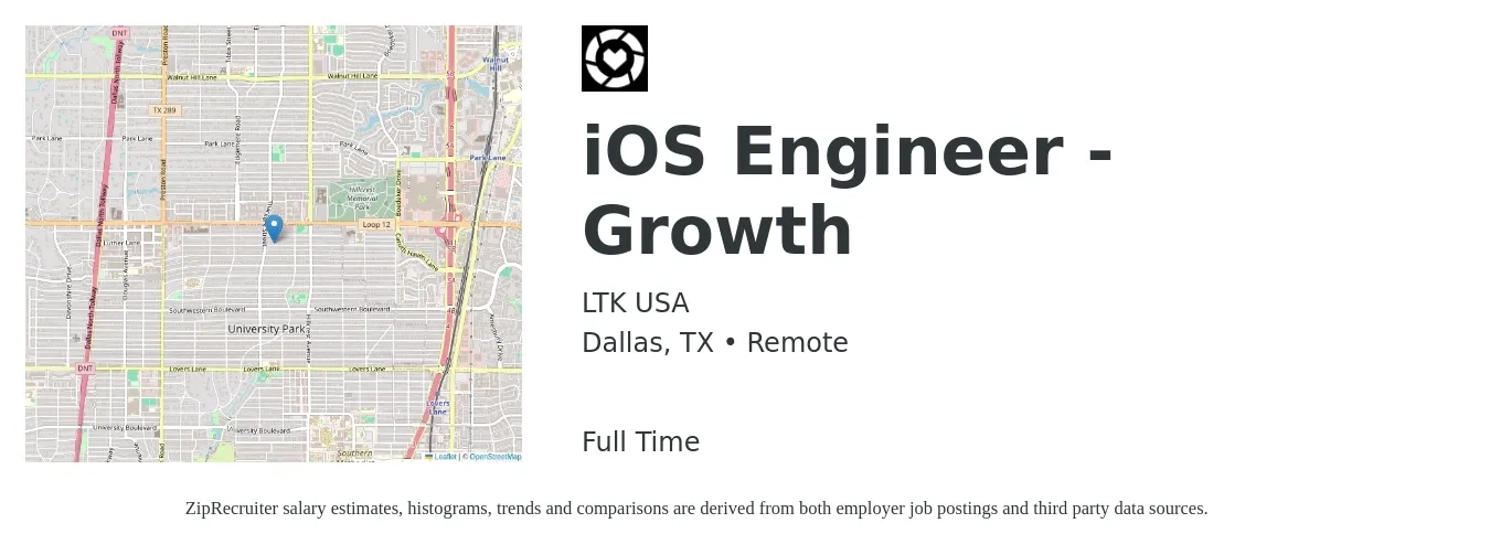 LTK USA job posting for a iOS Engineer - Growth in Dallas, TX with a salary of $51 to $70 Hourly with a map of Dallas location.