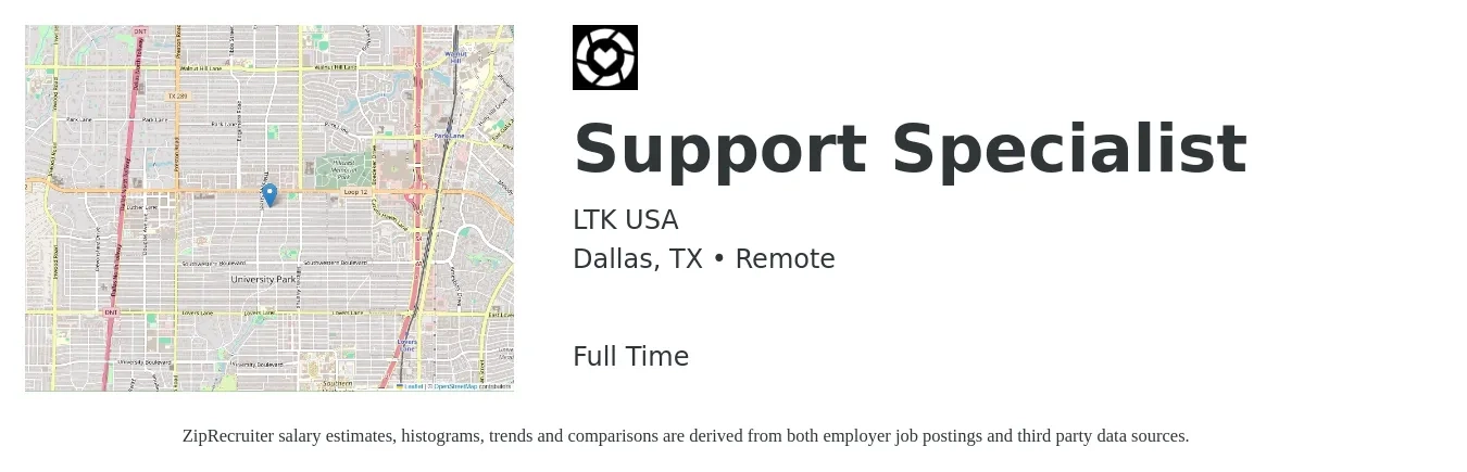 LTK USA job posting for a Support Specialist in Dallas, TX with a salary of $18 to $29 Hourly with a map of Dallas location.