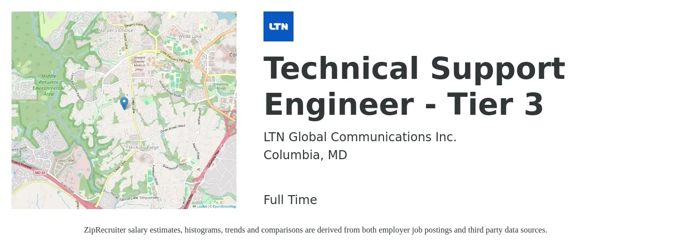 LTN Global Communications Inc. job posting for a Technical Support Engineer - Tier 3 in Columbia, MD with a salary of $57,100 to $97,000 Yearly with a map of Columbia location.