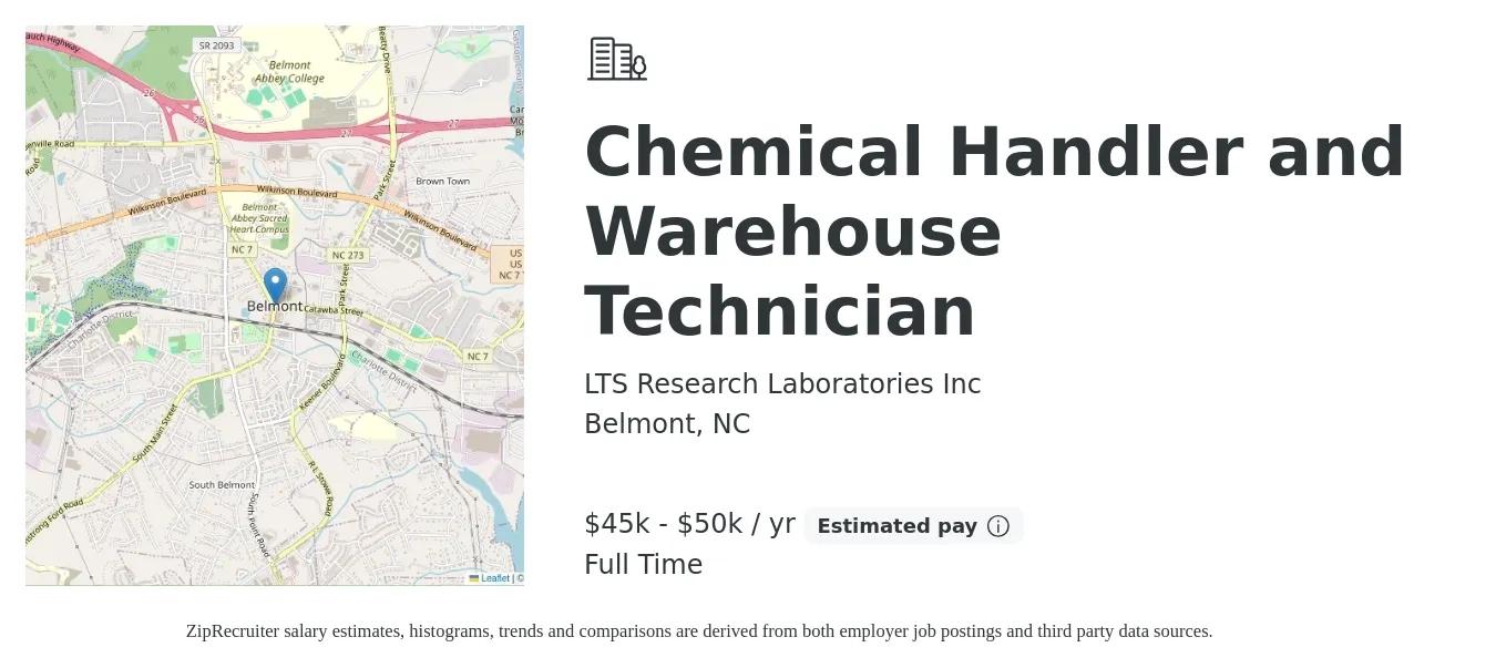 LTS Research Laboratories Inc job posting for a Chemical Handler and Warehouse Technician in Belmont, NC with a salary of $45,000 to $50,000 Yearly with a map of Belmont location.