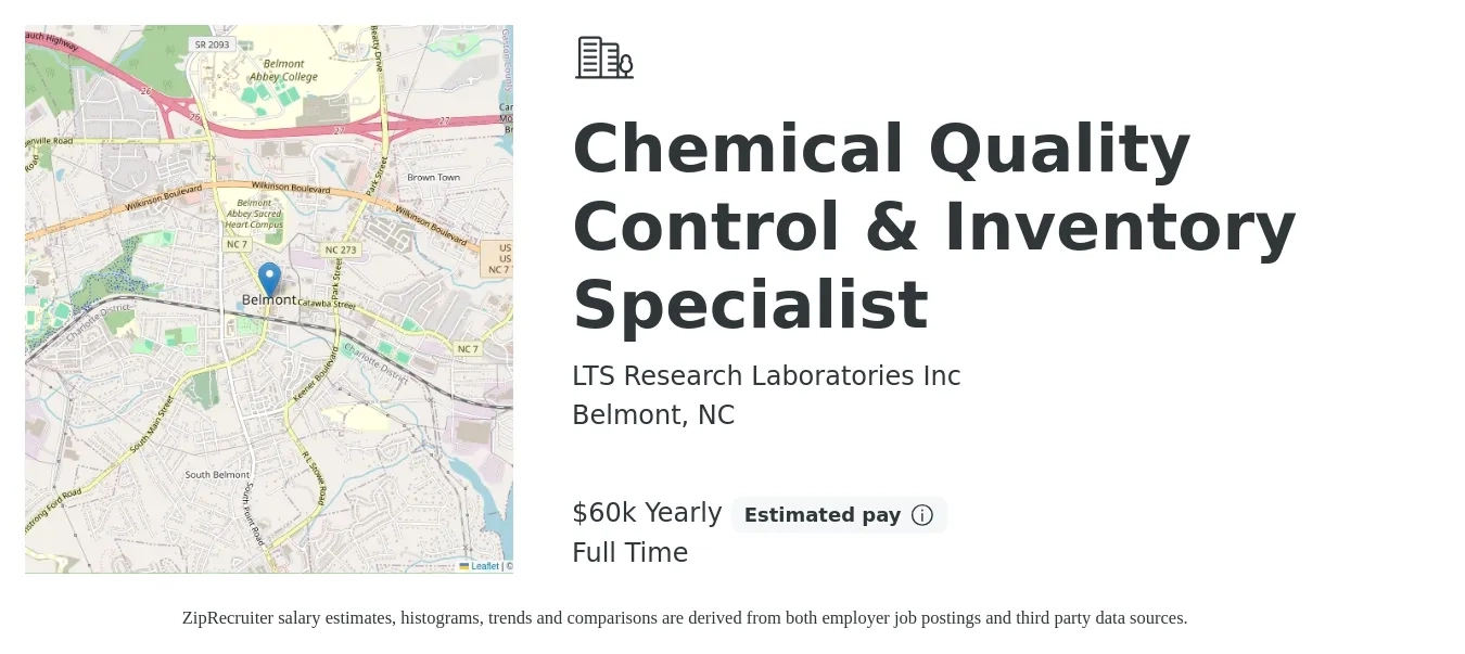 LTS Research Laboratories Inc job posting for a Chemical Quality Control & Inventory Specialist in Belmont, NC with a salary of $60,000 Yearly with a map of Belmont location.