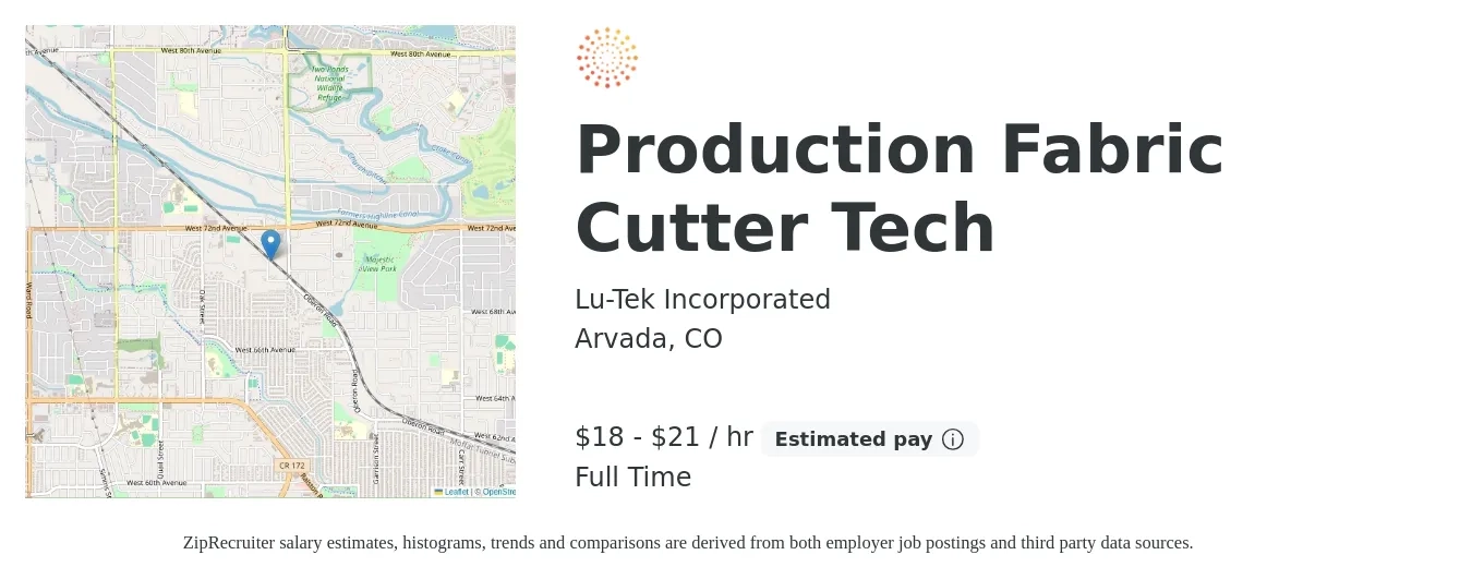 Lu-Tek Incorporated job posting for a Production Fabric Cutter Tech in Arvada, CO with a salary of $19 to $22 Hourly with a map of Arvada location.