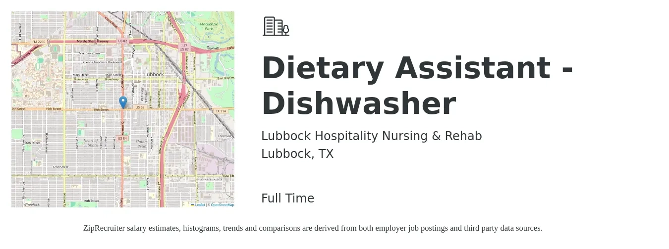 Lubbock Hospitality Nursing & Rehab job posting for a Dietary Assistant - Dishwasher in Lubbock, TX with a salary of $11 to $14 Hourly with a map of Lubbock location.