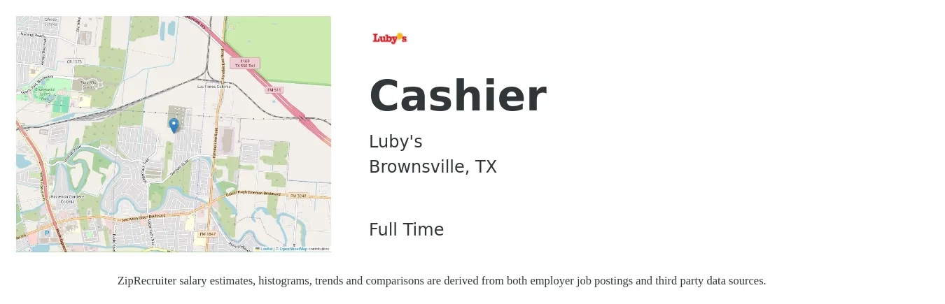Luby's job posting for a Cashier in Brownsville, TX with a salary of $8 to $15 Hourly with a map of Brownsville location.