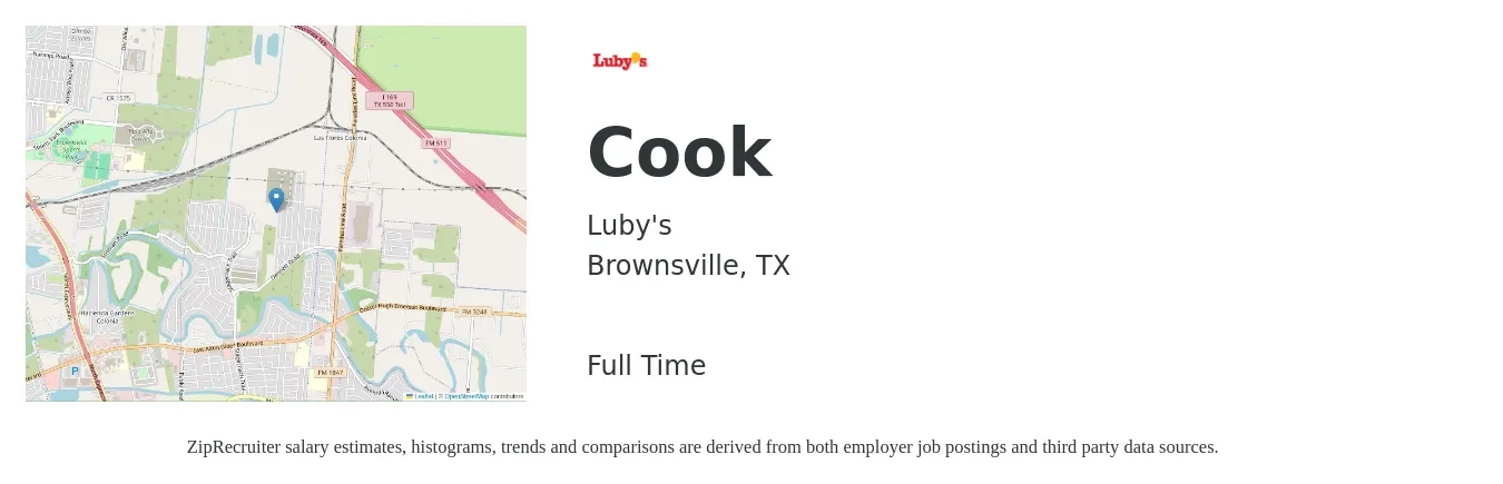 Luby's job posting for a Cook in Brownsville, TX with a salary of $8 to $15 Hourly with a map of Brownsville location.