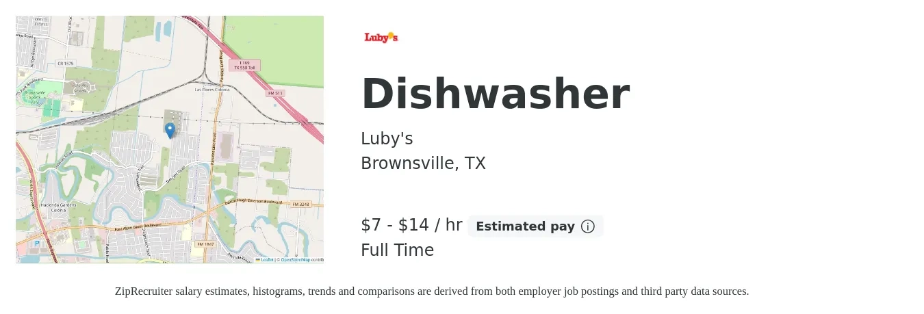 Luby's job posting for a Dishwasher in Brownsville, TX with a salary of $8 to $15 Hourly with a map of Brownsville location.