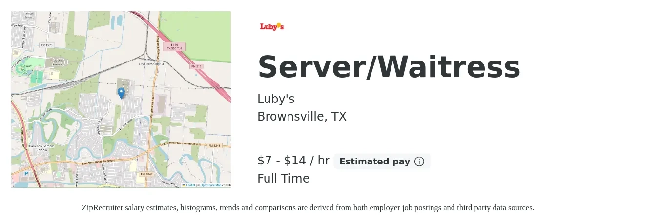 Luby's job posting for a Server/Waitress in Brownsville, TX with a salary of $8 to $15 Hourly with a map of Brownsville location.