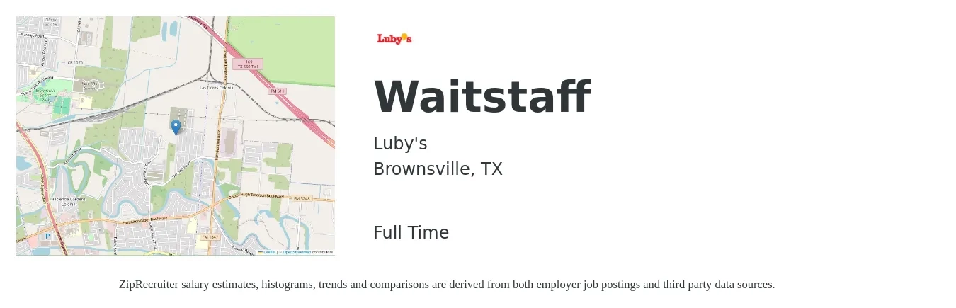 Luby's job posting for a Waitstaff in Brownsville, TX with a salary of $8 to $12 Hourly with a map of Brownsville location.