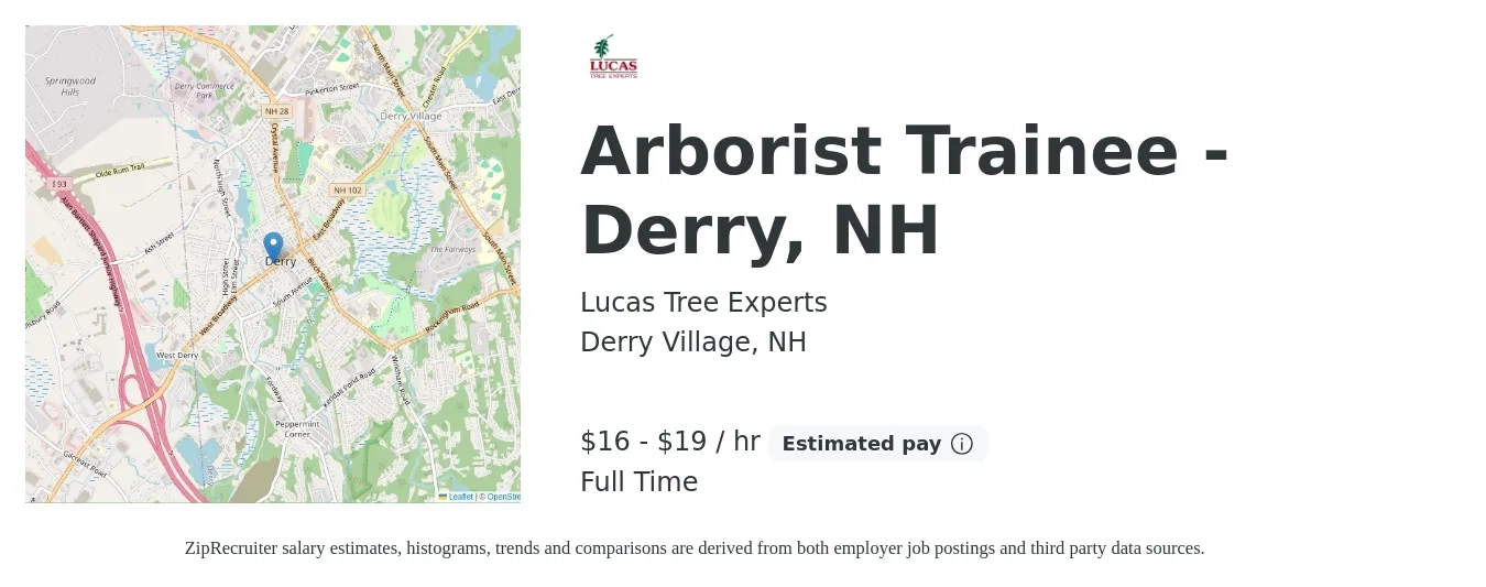 Lucas Tree Experts job posting for a Arborist Trainee - Derry, NH in Derry Village, NH with a salary of $17 to $20 Hourly with a map of Derry Village location.