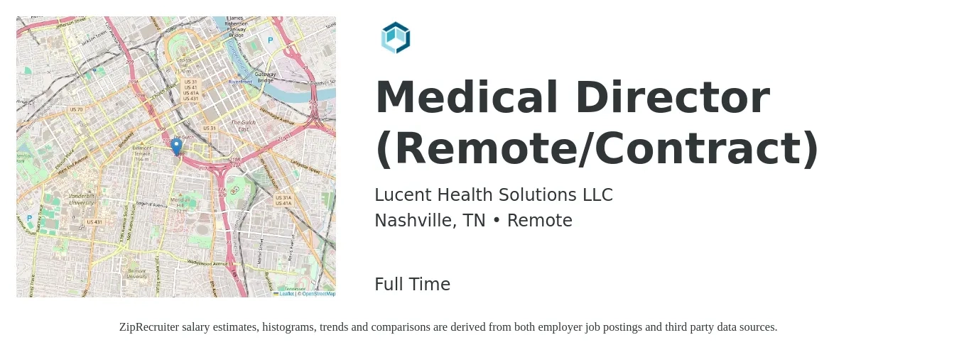 Lucent Health Solutions LLC job posting for a Medical Director (Remote/Contract) in Nashville, TN with a salary of $191,200 to $274,700 Yearly with a map of Nashville location.