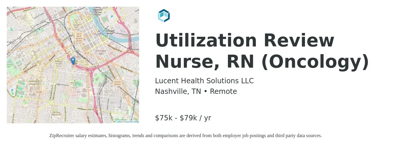 Lucent Health Solutions LLC job posting for a Utilization Review Nurse, RN (Oncology) in Nashville, TN with a salary of $75,000 to $79,000 Yearly with a map of Nashville location.