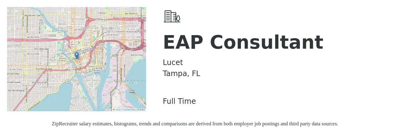 Lucet job posting for a EAP Consultant in Tampa, FL with a salary of $60,000 to $92,000 Yearly with a map of Tampa location.