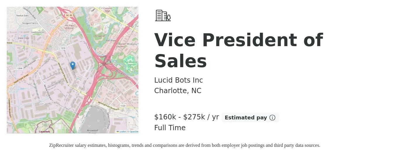 Lucid Bots Inc job posting for a Vice President of Sales in Charlotte, NC with a salary of $160,000 to $275,000 Yearly with a map of Charlotte location.