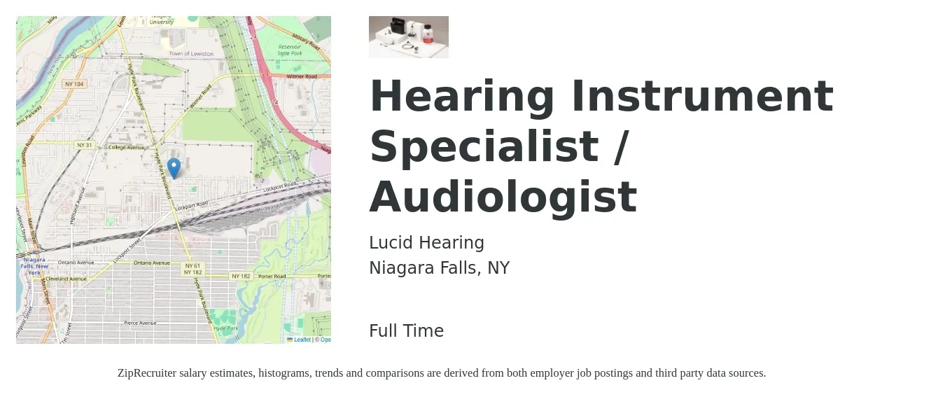 Lucid Hearing job posting for a Hearing Instrument Specialist / Audiologist in Niagara Falls, NY with a salary of $8,800 Weekly with a map of Niagara Falls location.