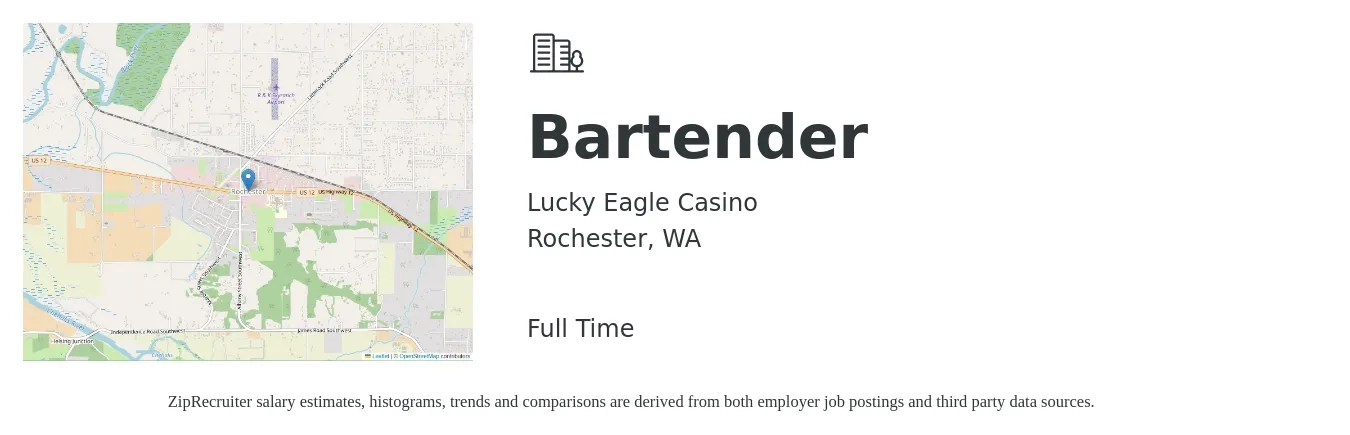 Lucky Eagle Casino job posting for a Bartender in Rochester, WA with a salary of $10 to $20 Hourly with a map of Rochester location.