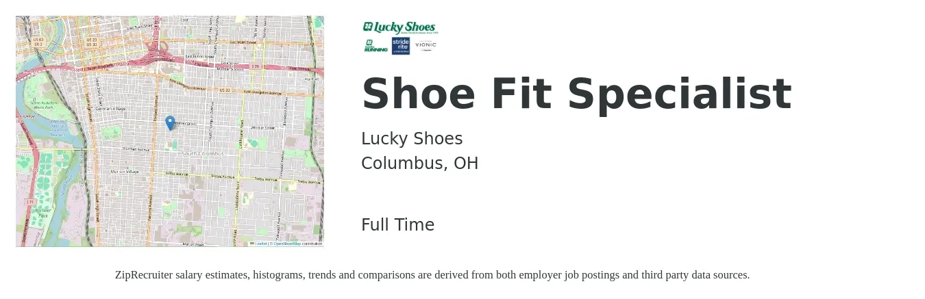 Lucky Shoes job posting for a Shoe Fit Specialist in Columbus, OH with a salary of $16 to $24 Hourly with a map of Columbus location.
