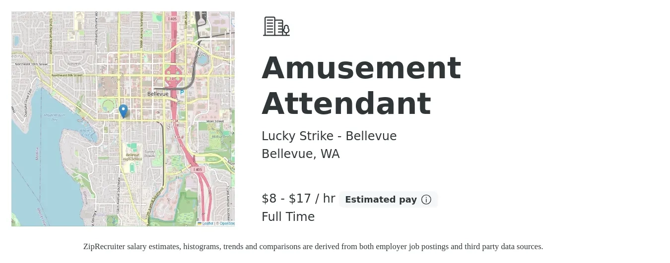 Lucky Strike - Bellevue job posting for a Amusement Attendant in Bellevue, WA with a salary of $9 to $18 Hourly with a map of Bellevue location.