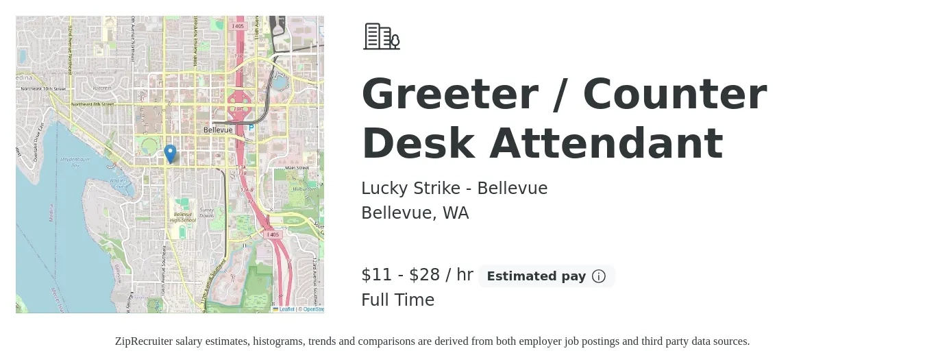 Lucky Strike - Bellevue job posting for a Greeter / Counter Desk Attendant in Bellevue, WA with a salary of $12 to $30 Hourly with a map of Bellevue location.