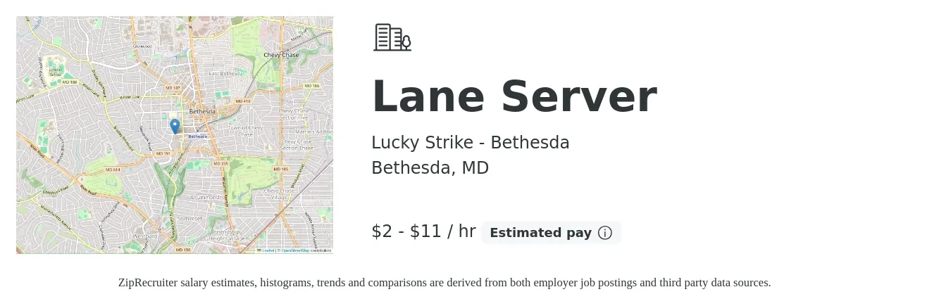 Lucky Strike - Bethesda job posting for a Lane Server in Bethesda, MD with a salary of $2 to $12 Hourly with a map of Bethesda location.
