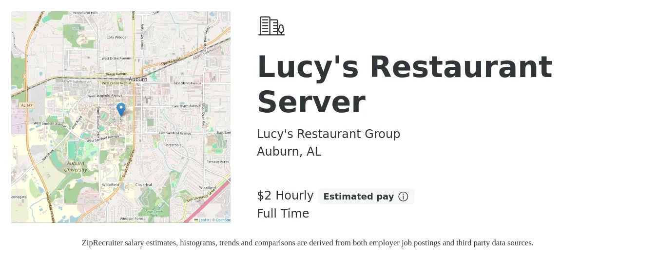 Lucy's Restaurant Group job posting for a Lucy's Restaurant Server in Auburn, AL with a salary of $2 Hourly with a map of Auburn location.
