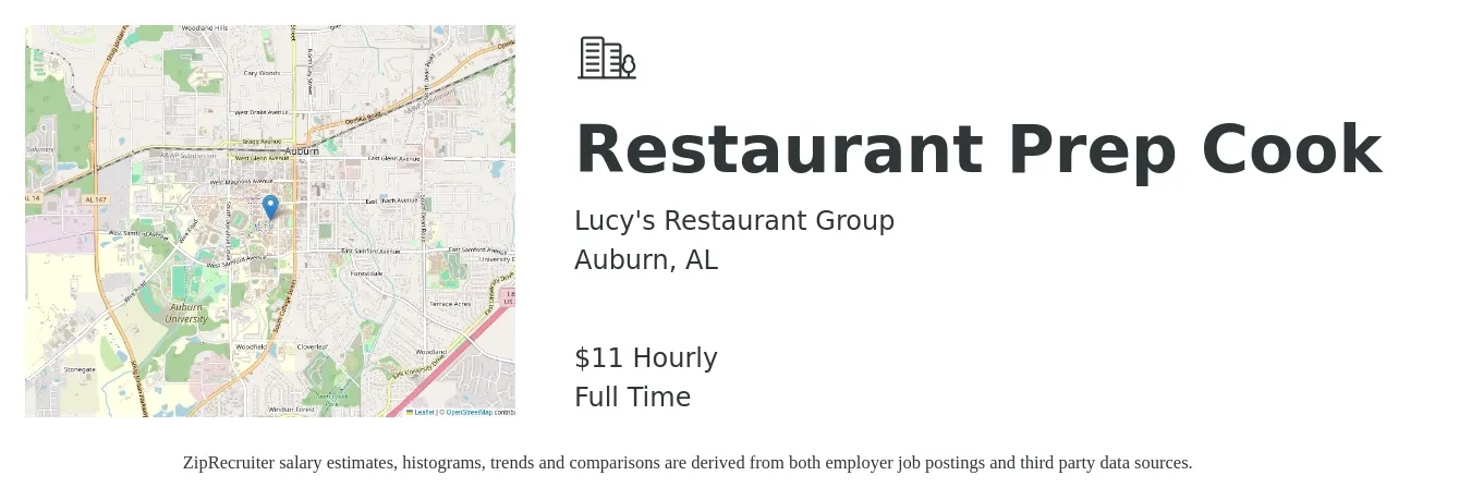 Lucy's Restaurant Group job posting for a Restaurant Prep Cook in Auburn, AL with a salary of $12 Hourly with a map of Auburn location.