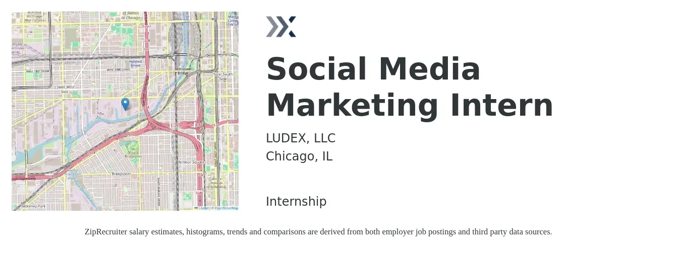 LUDEX, LLC job posting for a Social Media Marketing Intern in Chicago, IL with a salary of $16 to $20 Hourly with a map of Chicago location.