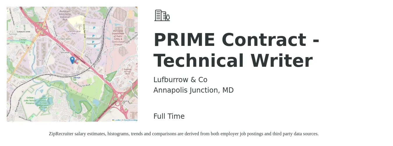 Lufburrow & Co job posting for a PRIME Contract - Technical Writer in Annapolis Junction, MD with a salary of $31 to $50 Hourly with a map of Annapolis Junction location.