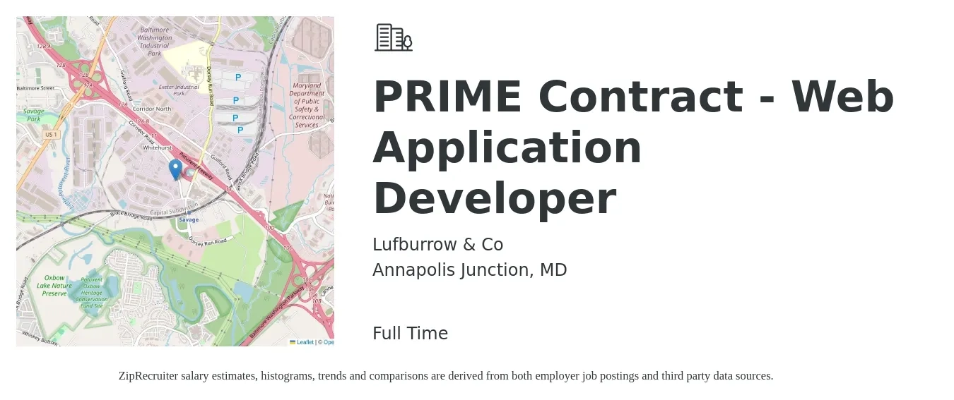 Lufburrow & Co job posting for a PRIME Contract - Web Application Developer in Annapolis Junction, MD with a salary of $80,700 to $122,100 Yearly with a map of Annapolis Junction location.