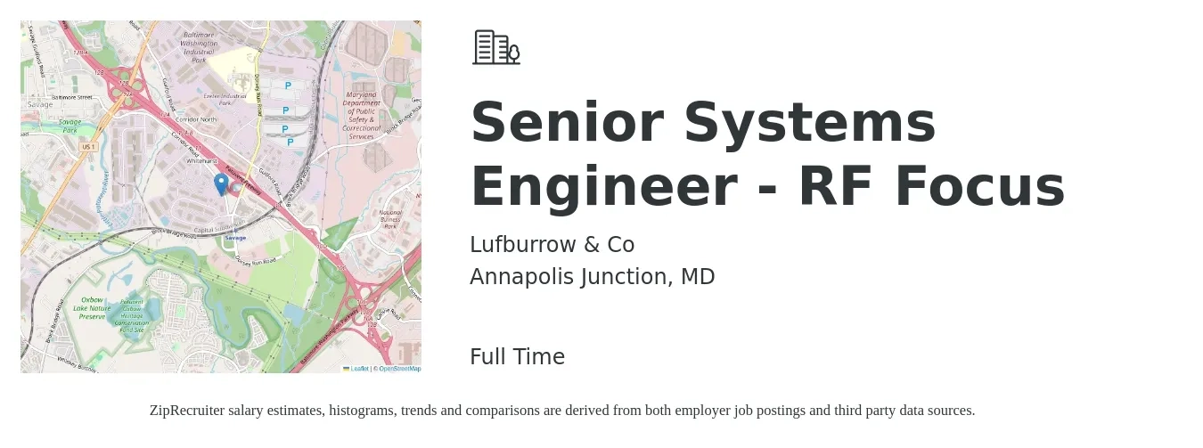 Lufburrow & Co job posting for a Senior Systems Engineer - RF Focus in Annapolis Junction, MD with a salary of $106,800 to $146,100 Yearly with a map of Annapolis Junction location.