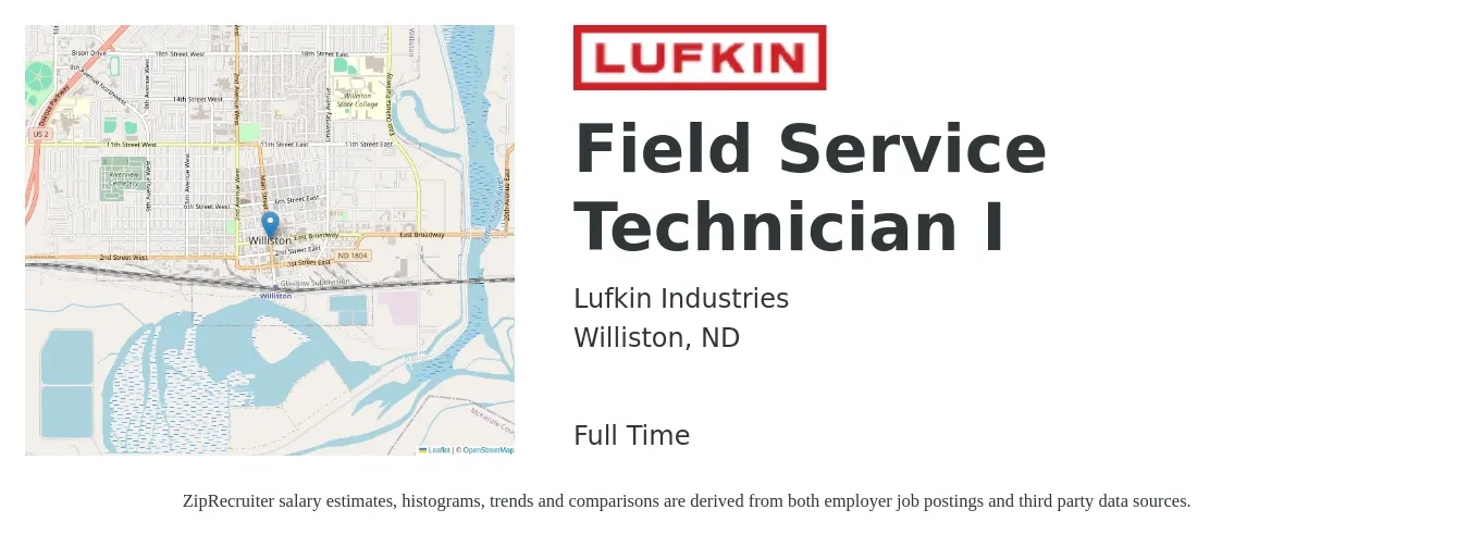 Lufkin Industries job posting for a Field Service Technician I in Williston, ND with a salary of $20 to $29 Hourly with a map of Williston location.