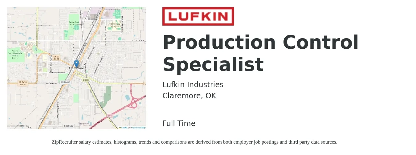 Lufkin Industries job posting for a Production Control Specialist in Claremore, OK with a salary of $19 to $31 Hourly with a map of Claremore location.