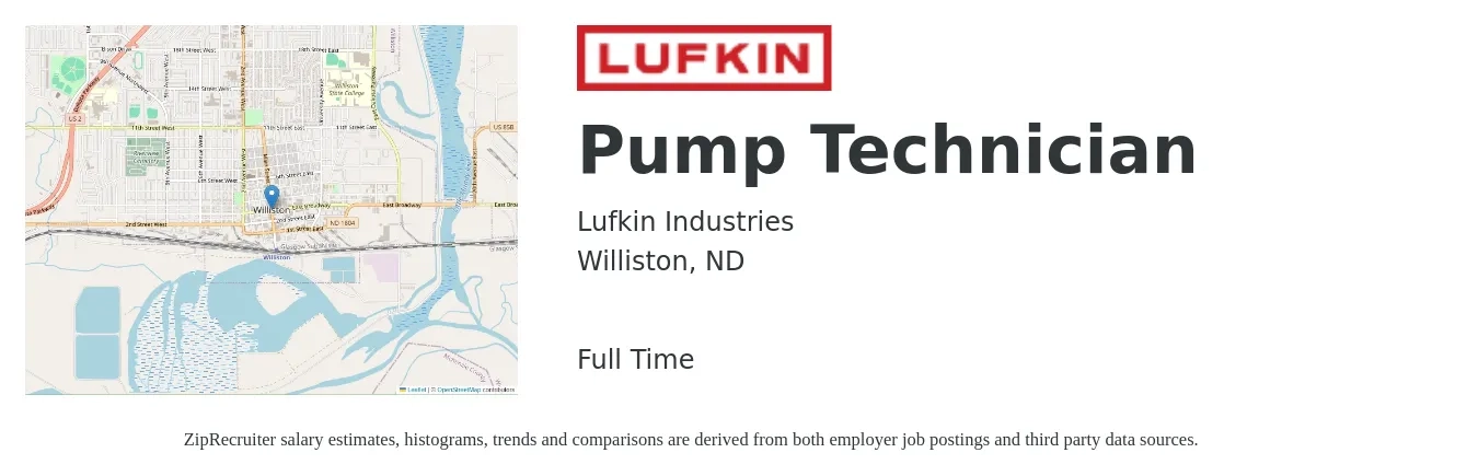 Lufkin Industries job posting for a Pump Technician in Williston, ND with a salary of $19 to $28 Hourly with a map of Williston location.