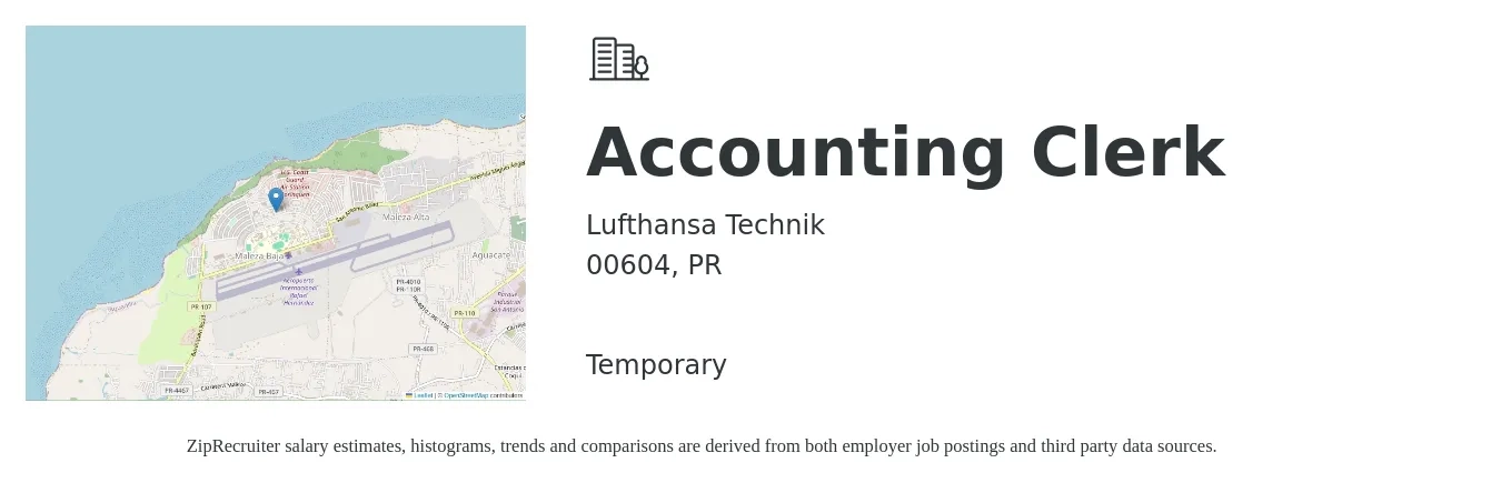 Lufthansa Technik job posting for a Accounting Clerk in 00604, PR with a salary of $11 to $14 Hourly with a map of 00604 location.