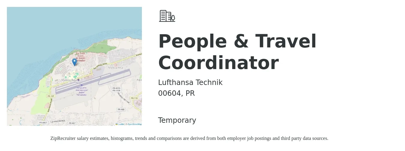 Lufthansa Technik job posting for a People & Travel Coordinator in 00604, PR with a salary of $12 to $18 Hourly with a map of 00604 location.