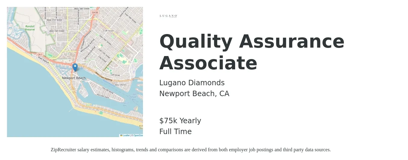 Lugano Diamonds job posting for a Quality Assurance Associate in Newport Beach, CA with a salary of $75,000 Yearly with a map of Newport Beach location.