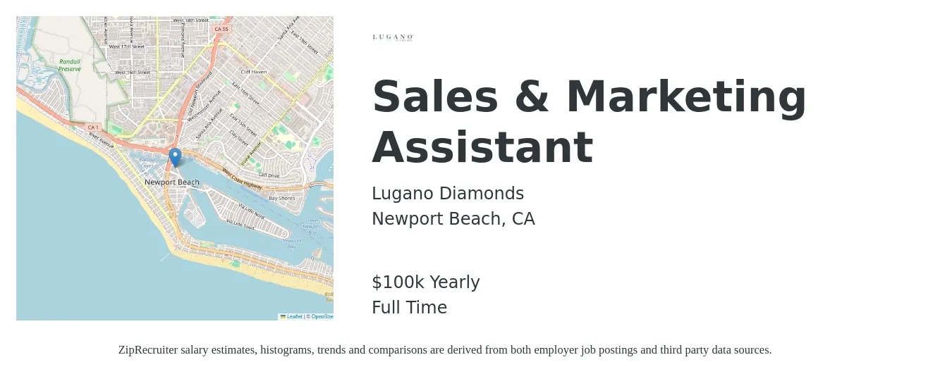 Lugano Diamonds job posting for a Sales & Marketing Assistant in Newport Beach, CA with a salary of $100,000 Yearly with a map of Newport Beach location.
