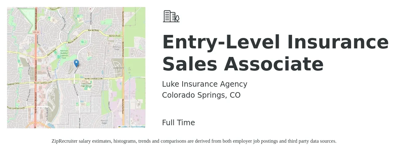 Luke Insurance Agency job posting for a Entry-Level Insurance Sales Associate in Colorado Springs, CO with a salary of $48,000 to $85,000 Yearly with a map of Colorado Springs location.