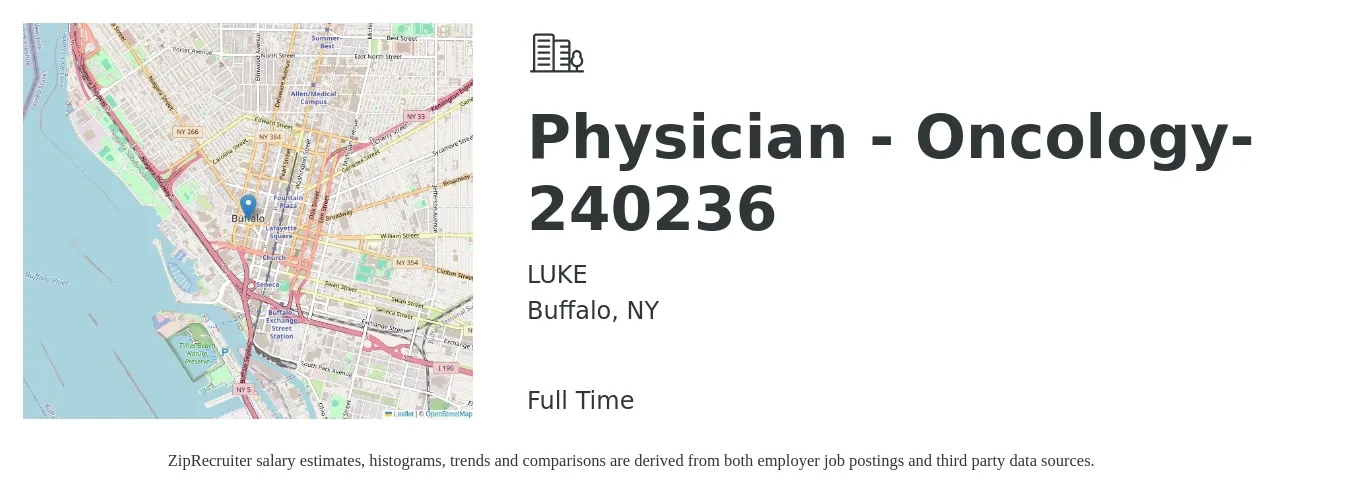LUKE job posting for a Physician - Oncology-240236 in Buffalo, NY with a salary of $184,000 to $236,800 Yearly with a map of Buffalo location.
