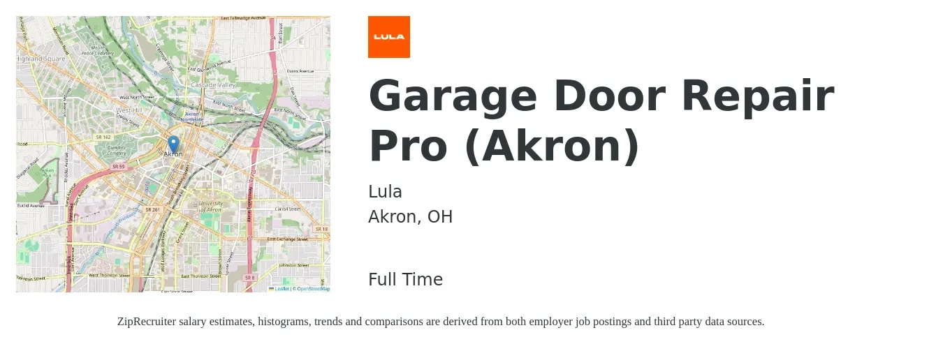 Lula job posting for a Garage Door Repair Pro (Akron) in Akron, OH with a salary of $41,600 to $65,500 Yearly with a map of Akron location.
