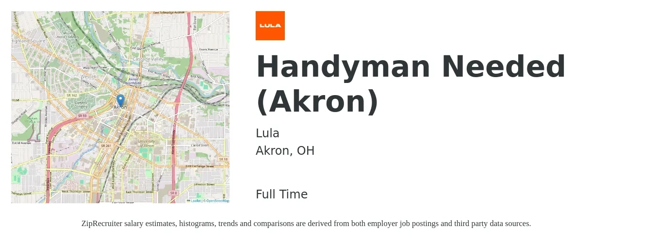 Lula job posting for a Handyman Needed (Akron) in Akron, OH with a salary of $20 to $29 Hourly with a map of Akron location.