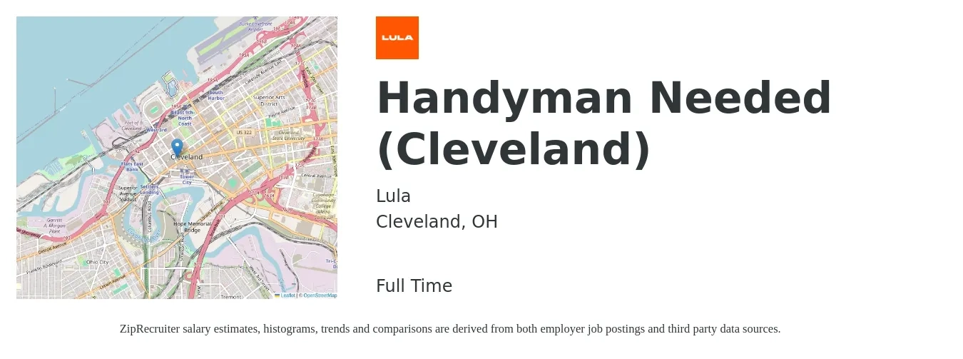 Lula job posting for a Handyman Needed (Cleveland) in Cleveland, OH with a salary of $21 to $29 Hourly with a map of Cleveland location.